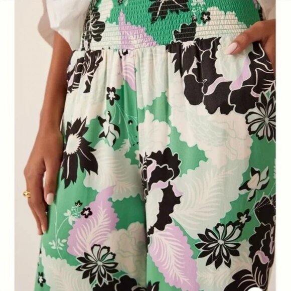 ANTHRO Maeve The Saria Smocked Tropical Floral Wide-Leg Pants Lavender/Green M - Picture 2 of 14